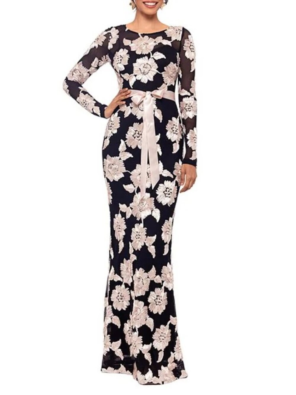 Betsy & Adam Women's Embroidered Mesh Gown Black Champagne Size 4